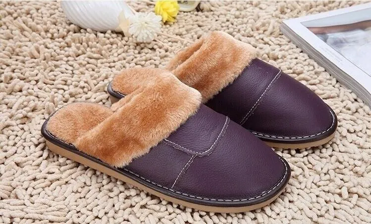 6 Colors Women Men Genuine Leather Plush Warm Indoor Home Slippers