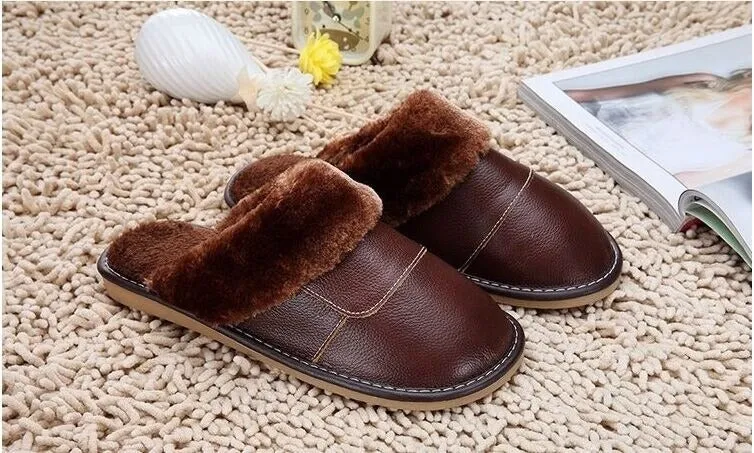 6 Colors Women Men Genuine Leather Plush Warm Indoor Home Slippers