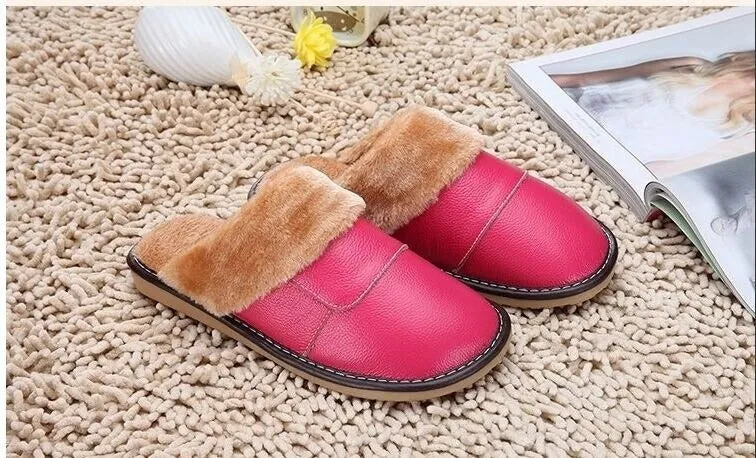 6 Colors Women Men Genuine Leather Plush Warm Indoor Home Slippers