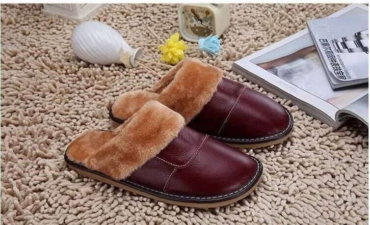 6 Colors Women Men Genuine Leather Plush Warm Indoor Home Slippers