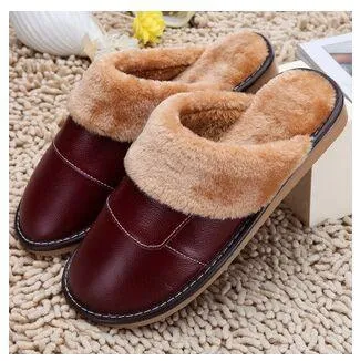6 Colors Women Men Genuine Leather Plush Warm Indoor Home Slippers