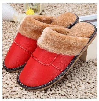 6 Colors Women Men Genuine Leather Plush Warm Indoor Home Slippers