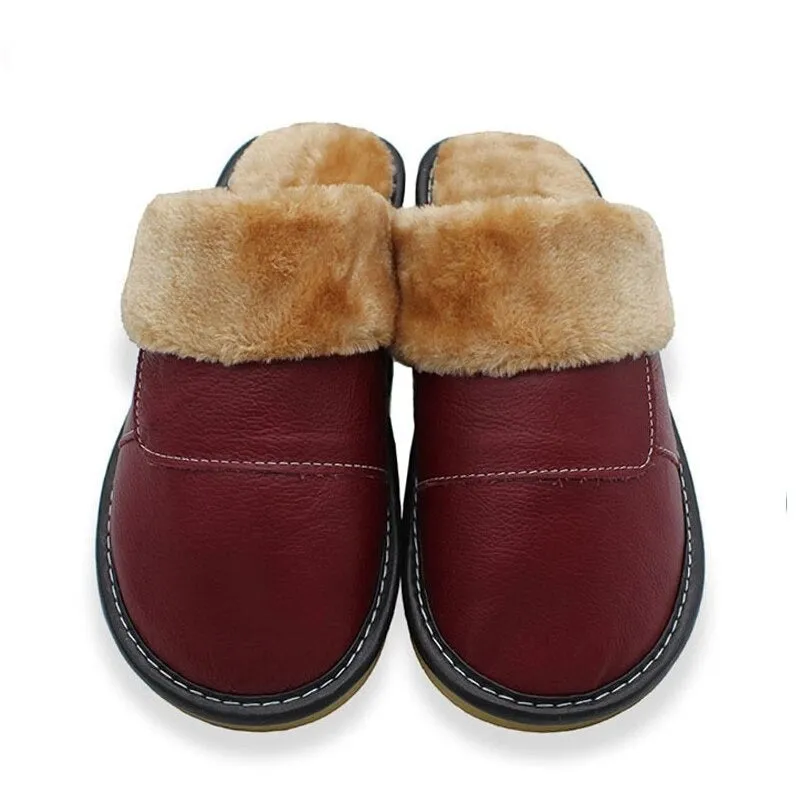 6 Colors Women Men Genuine Leather Plush Warm Indoor Home Slippers