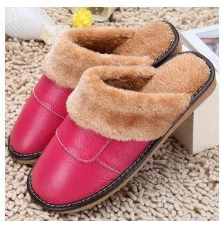 6 Colors Women Men Genuine Leather Plush Warm Indoor Home Slippers