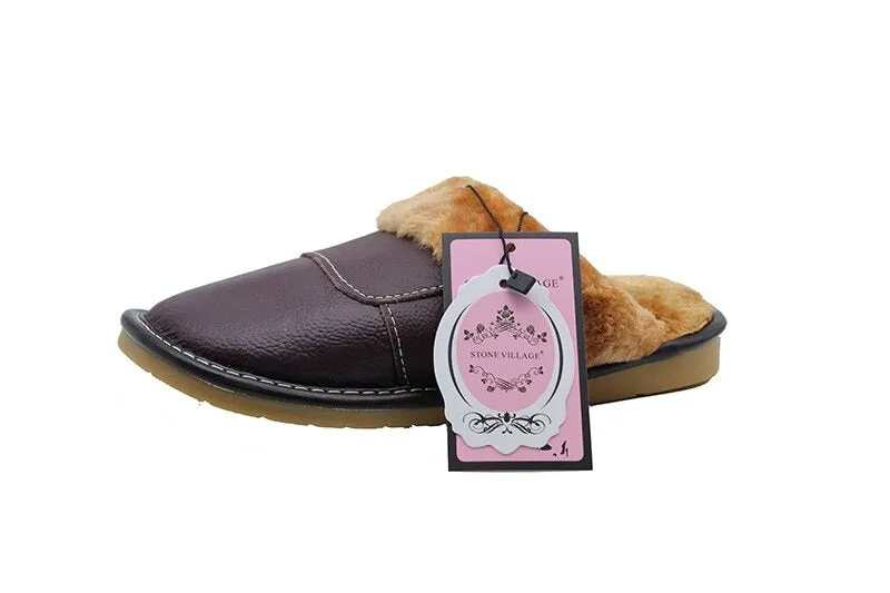 6 Colors Women Men Genuine Leather Plush Warm Indoor Home Slippers
