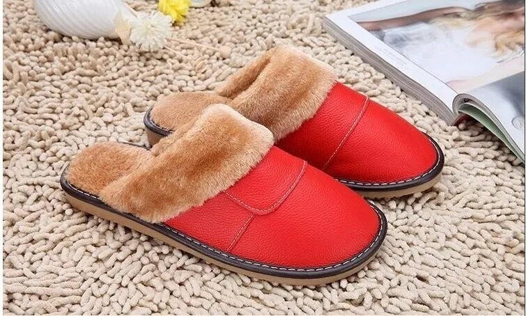 6 Colors Women Men Genuine Leather Plush Warm Indoor Home Slippers