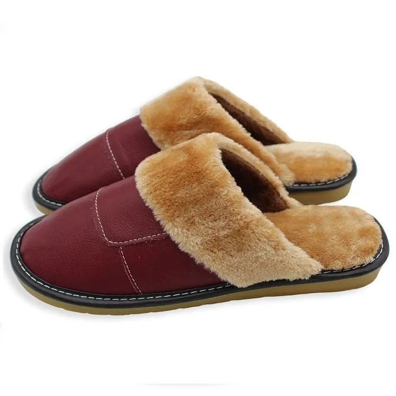 6 Colors Women Men Genuine Leather Plush Warm Indoor Home Slippers
