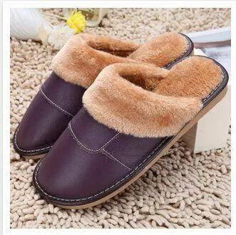 6 Colors Women Men Genuine Leather Plush Warm Indoor Home Slippers