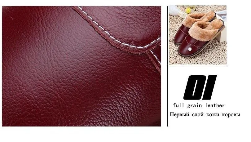 6 Colors Women Men Genuine Leather Plush Warm Indoor Home Slippers