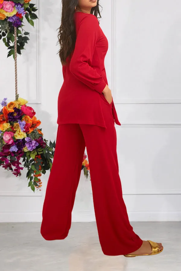 Casual V-Neck Lantern Sleeve Top &  Pants Set