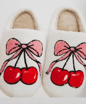 Cherry Bow Fuzzy Slippers - White