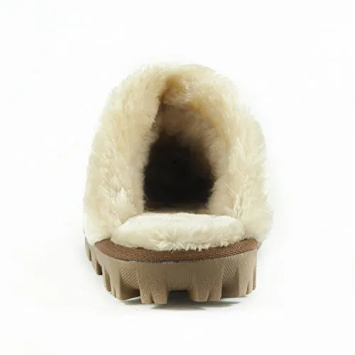 Clpp'li Womens Slip On Faux Fur Warm Winter Mules Fluffy Suede Comfy Slippers-Tan-9