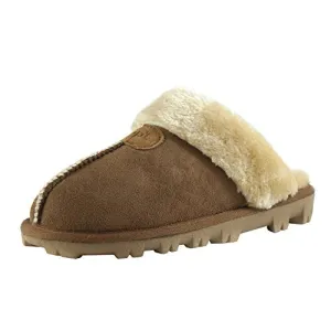 Clpp'li Womens Slip On Faux Fur Warm Winter Mules Fluffy Suede Comfy Slippers-Tan-9