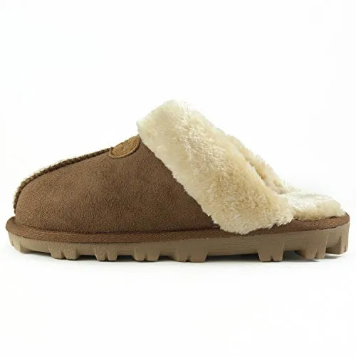 Clpp'li Womens Slip On Faux Fur Warm Winter Mules Fluffy Suede Comfy Slippers-Tan-9