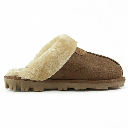 Clpp'li Womens Slip On Faux Fur Warm Winter Mules Fluffy Suede Comfy Slippers-Tan-9