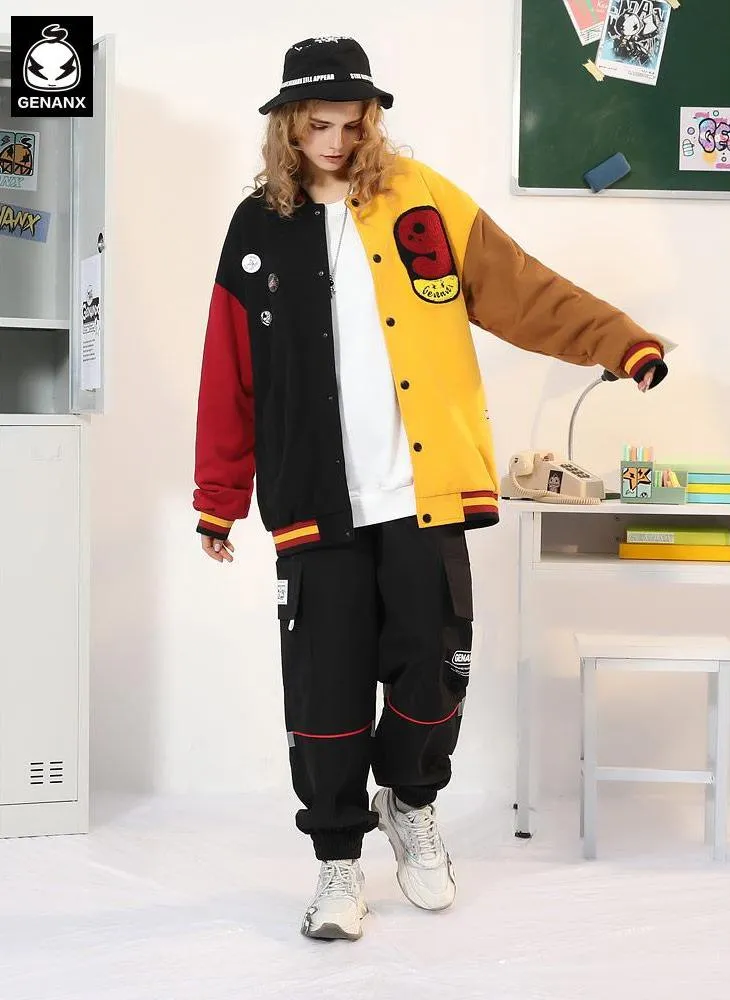 Contrast Patchwork Printed Embroidery Detachable Badge Jacket