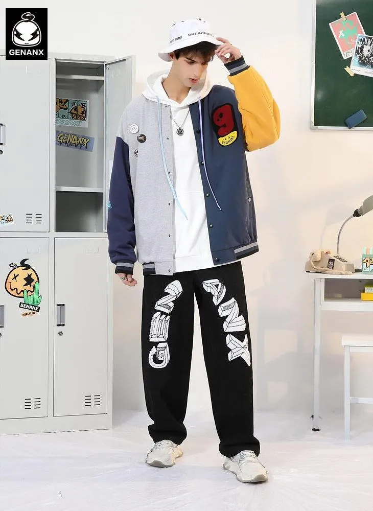 Contrast Patchwork Printed Embroidery Detachable Badge Jacket