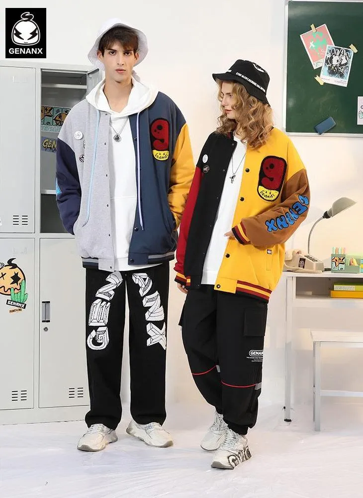 Contrast Patchwork Printed Embroidery Detachable Badge Jacket