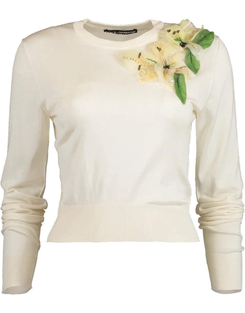Crewneck Pullover with Flower Embellishment