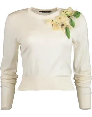 Crewneck Pullover with Flower Embellishment