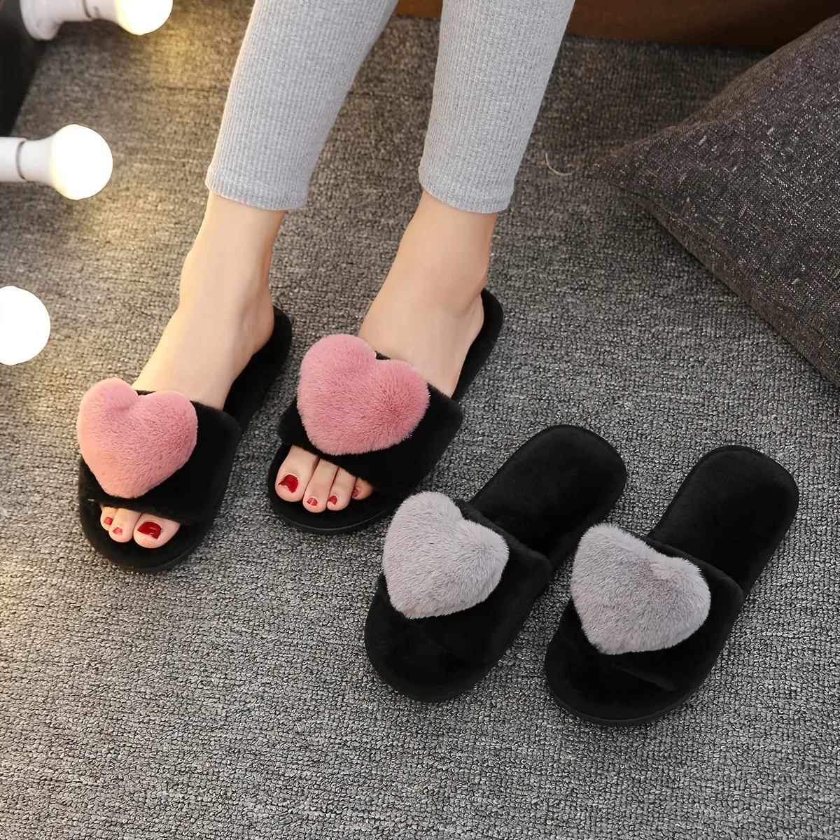 Dames pluche slippers-warme donzige slippers met hartdecoratie