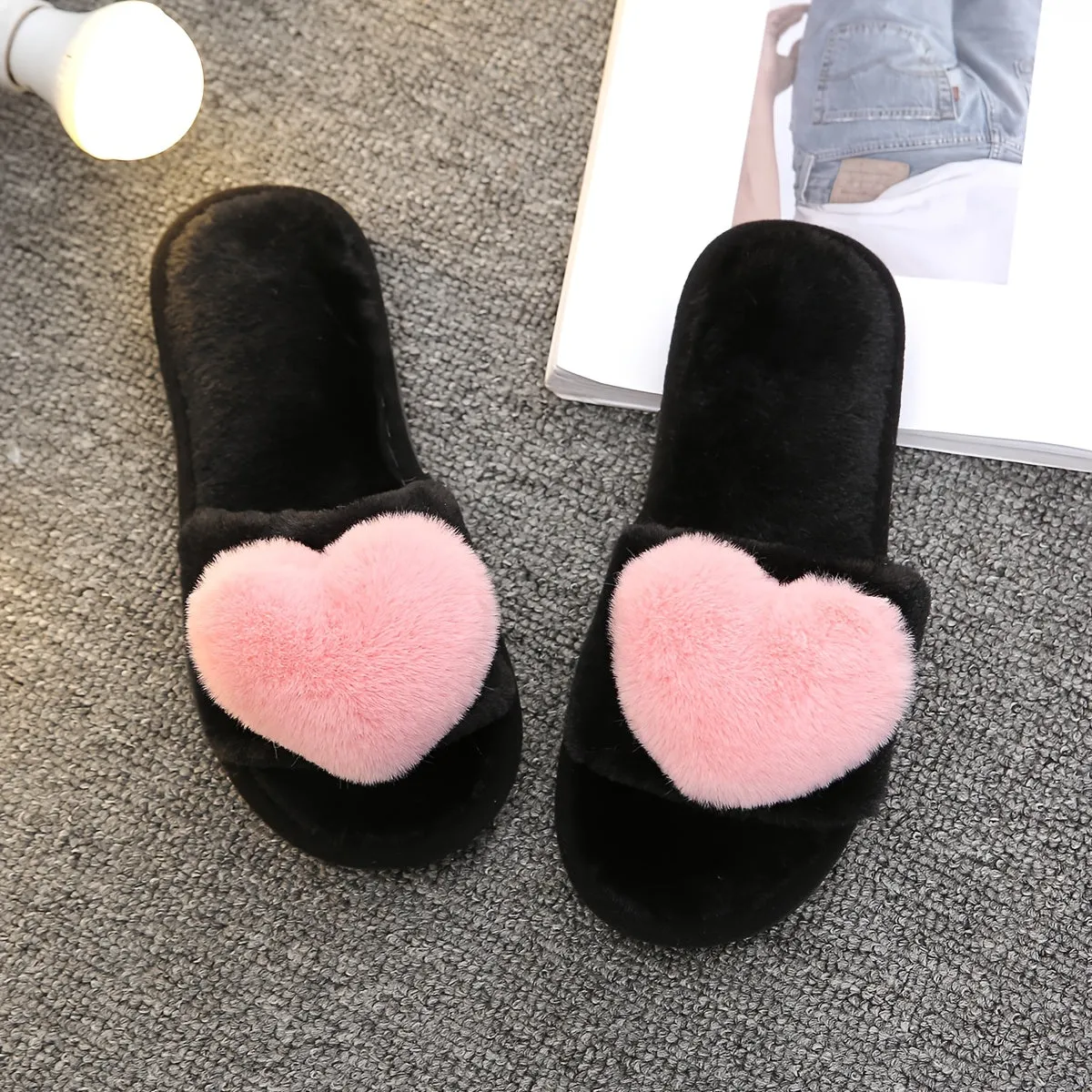 Dames pluche slippers-warme donzige slippers met hartdecoratie