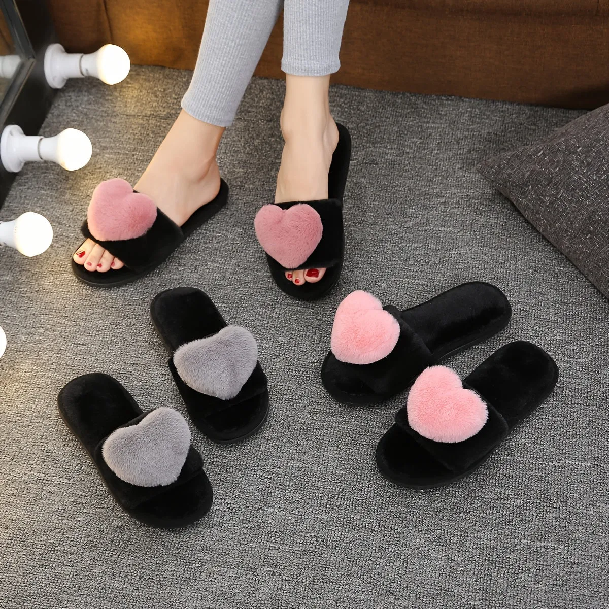Dames pluche slippers-warme donzige slippers met hartdecoratie