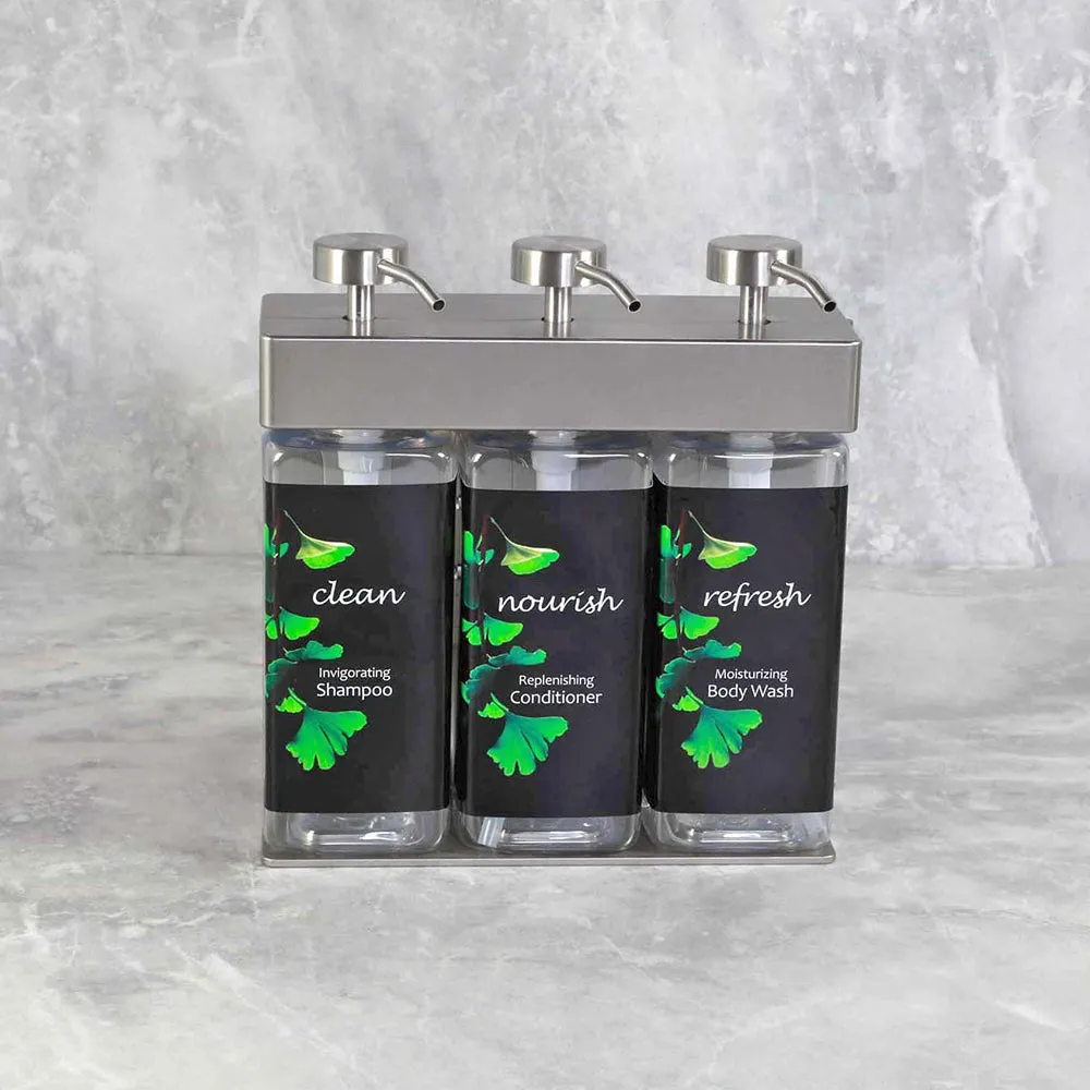Dispenser Amenities Solera 39334-R3-GK 3 Chamber Satin Silver Dispenser, Rectangular, Ginkgo Lable, 440ml