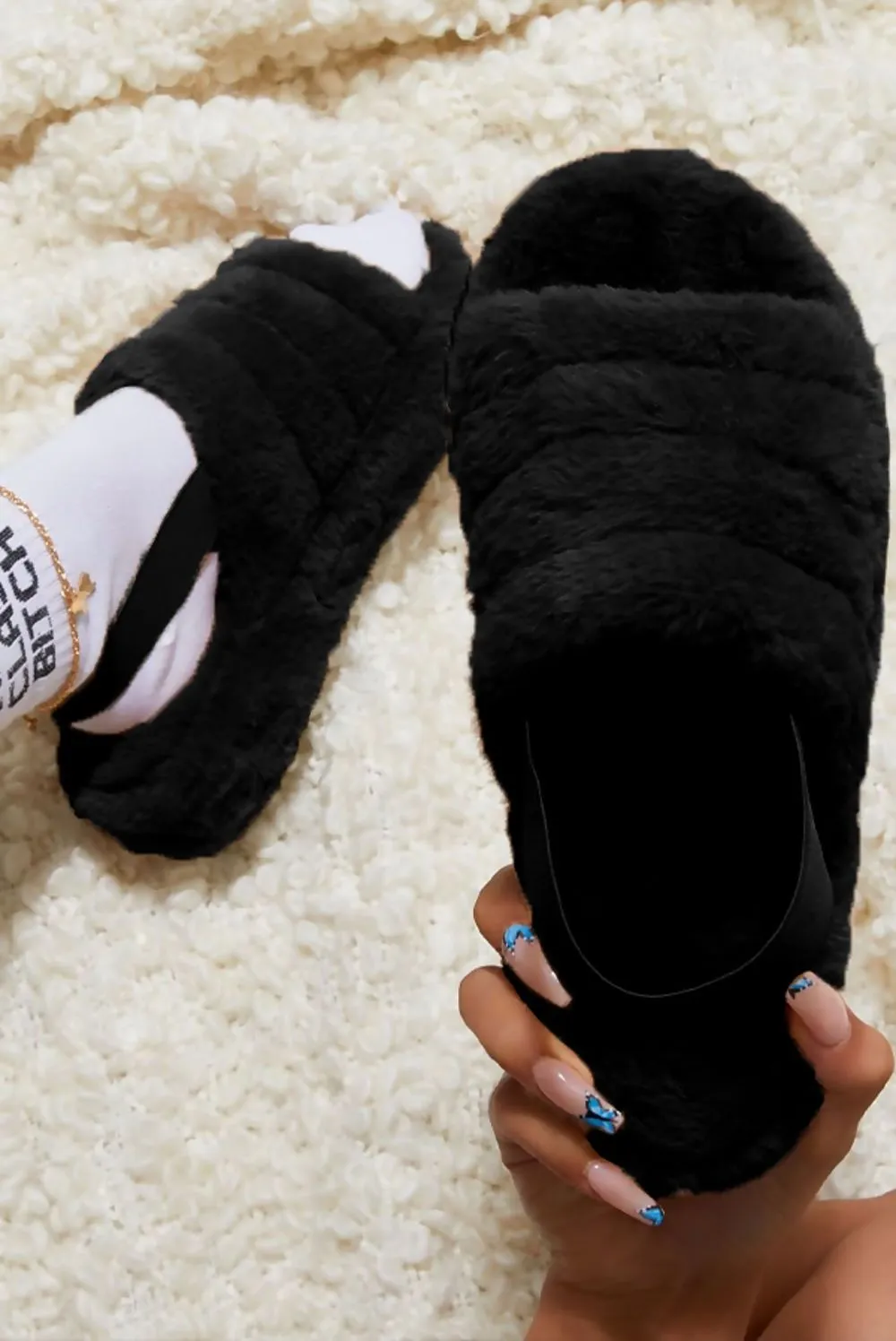 Faux Fur Fluffy Stripe Slippers
