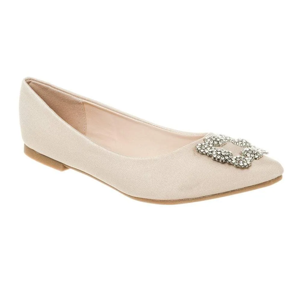 Flat Pointed Toe Satin Shoe With Diamante Broach