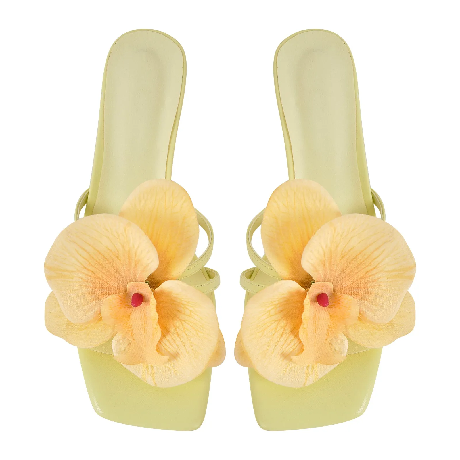 Flower Square Toe Chunky Heel Sandals Mules