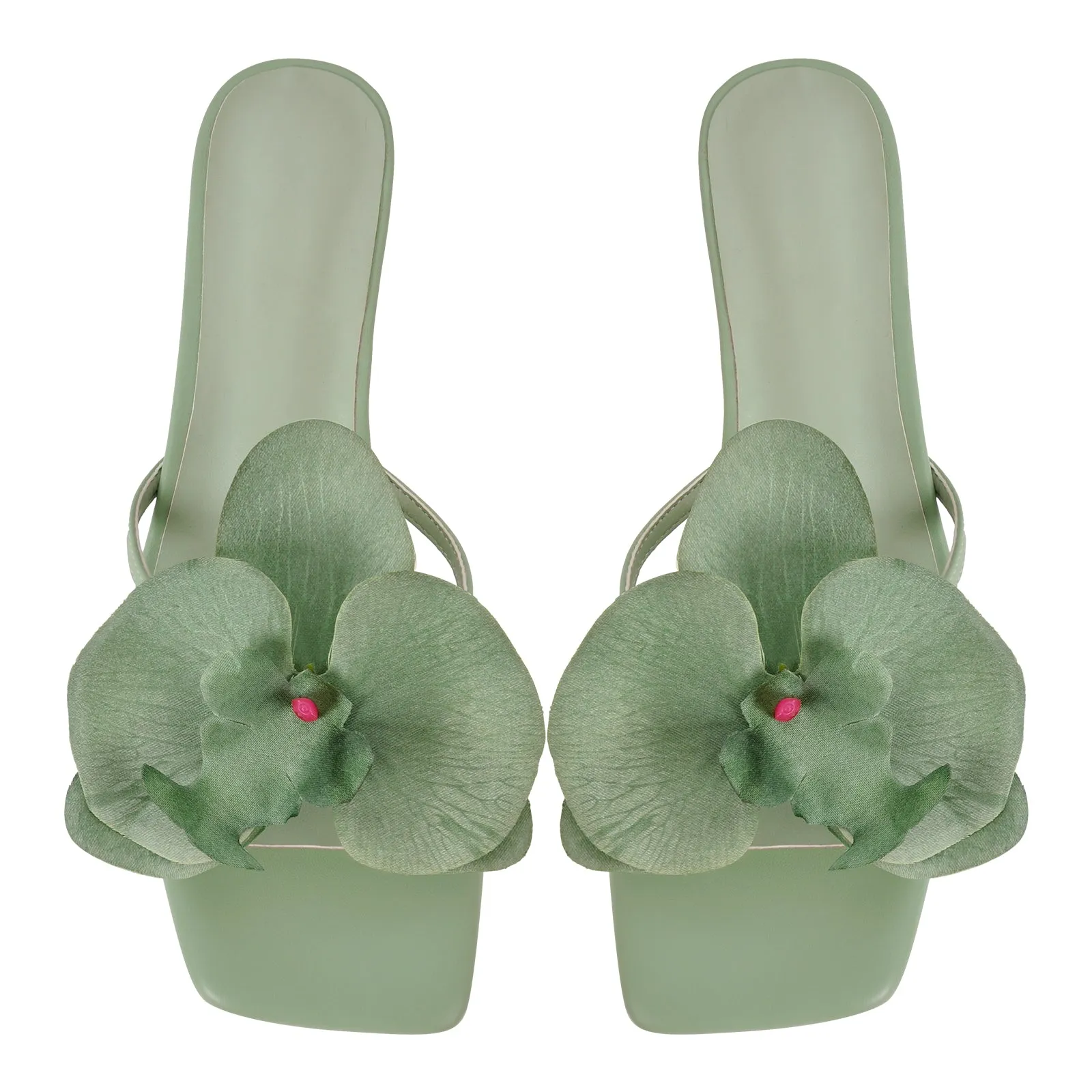 Flower Square Toe Chunky Heel Sandals Mules