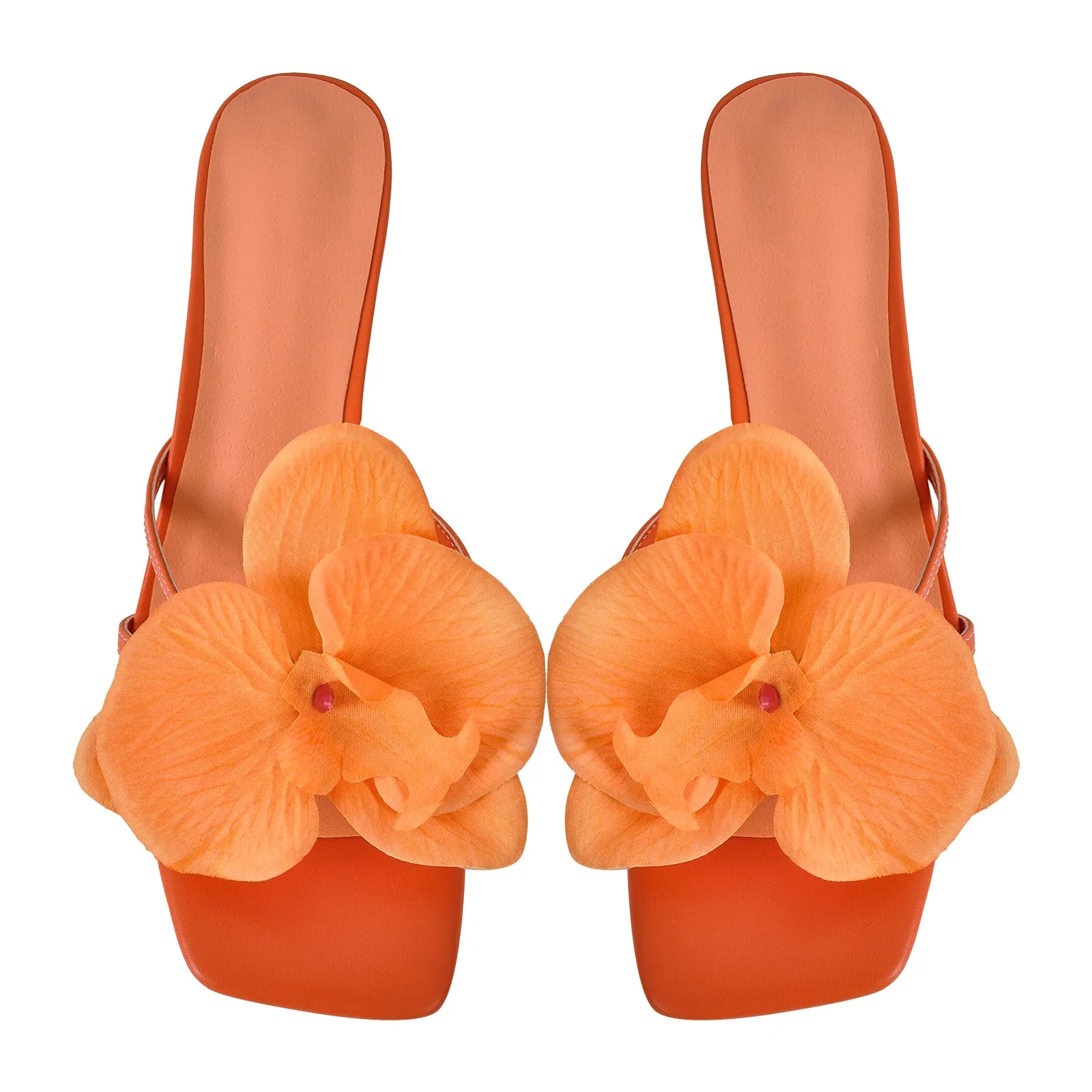 Flower Square Toe Chunky Heel Sandals Mules