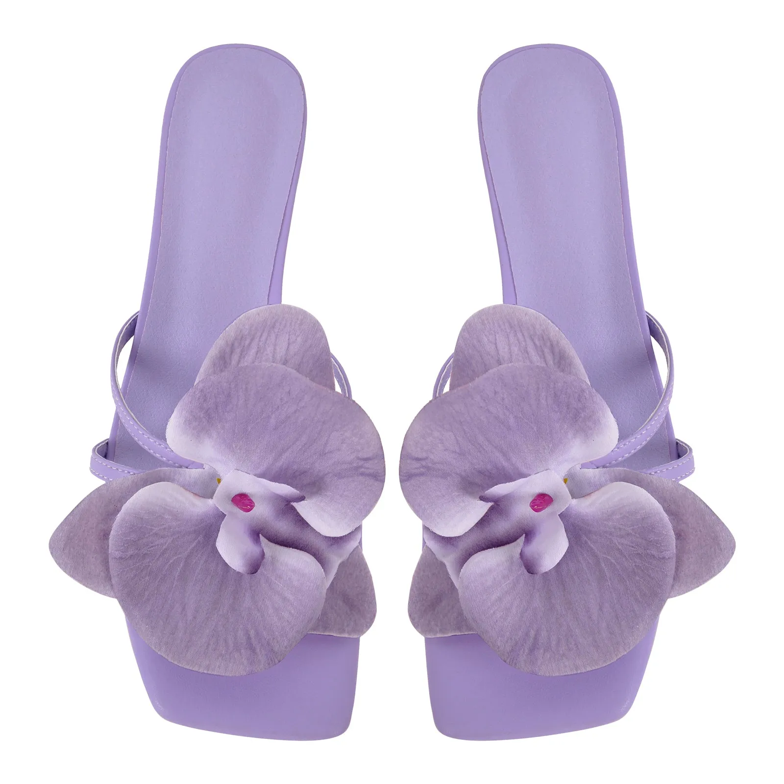 Flower Square Toe Chunky Heel Sandals Mules