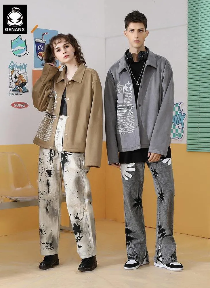 Graphic Print Oversized Suede Jacket