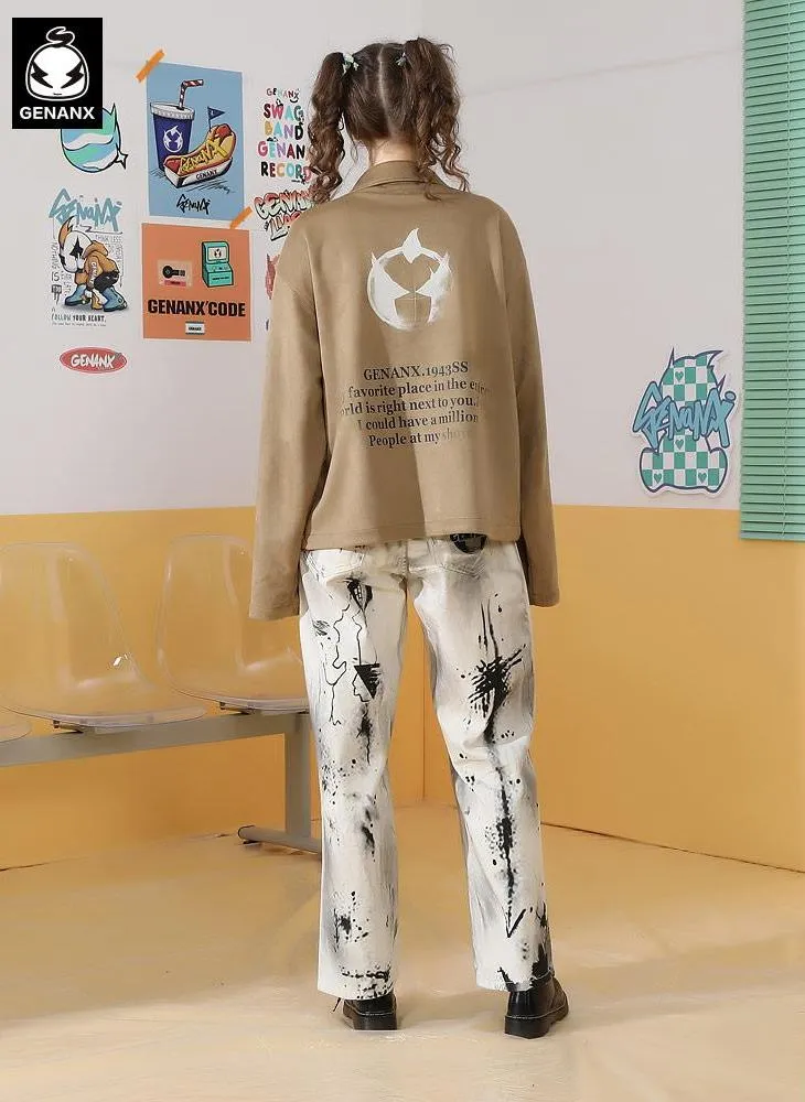 Graphic Print Oversized Suede Jacket