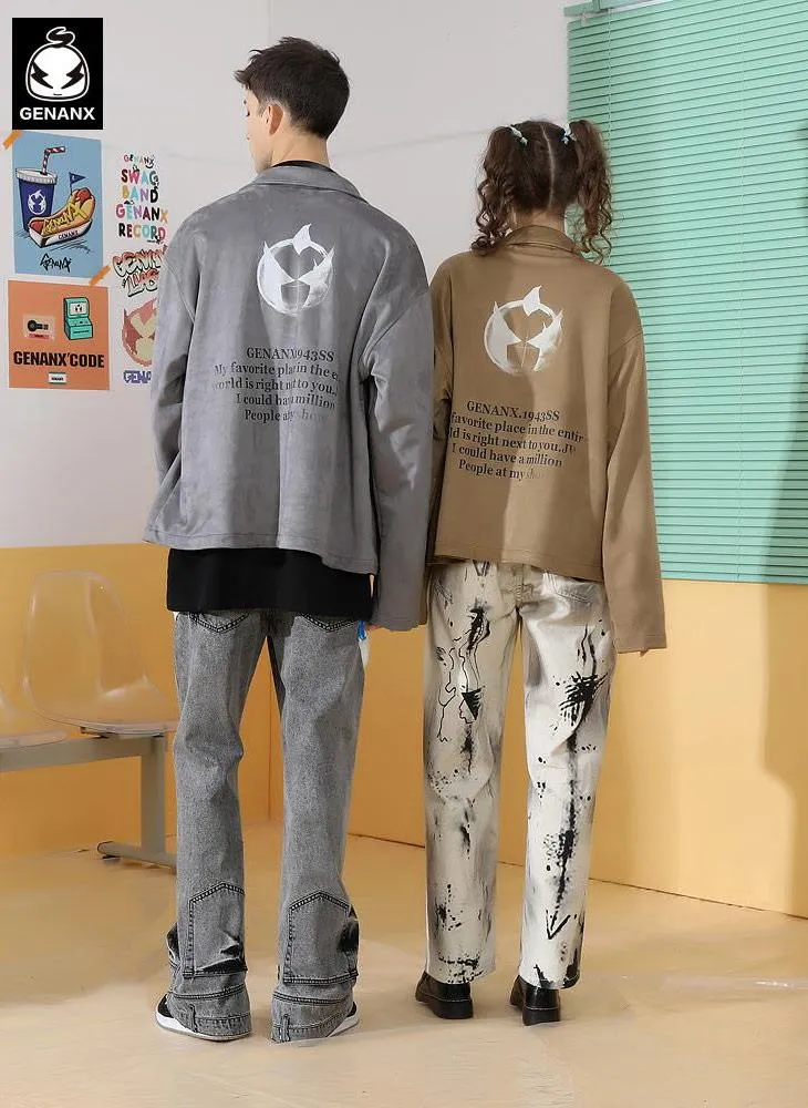 Graphic Print Oversized Suede Jacket