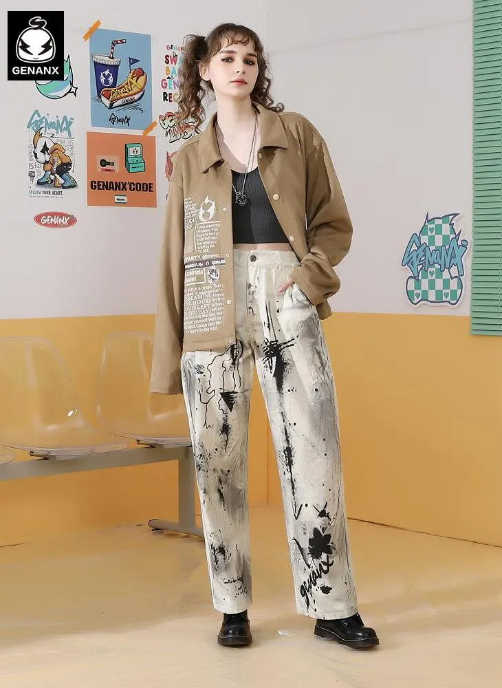 Graphic Print Oversized Suede Jacket