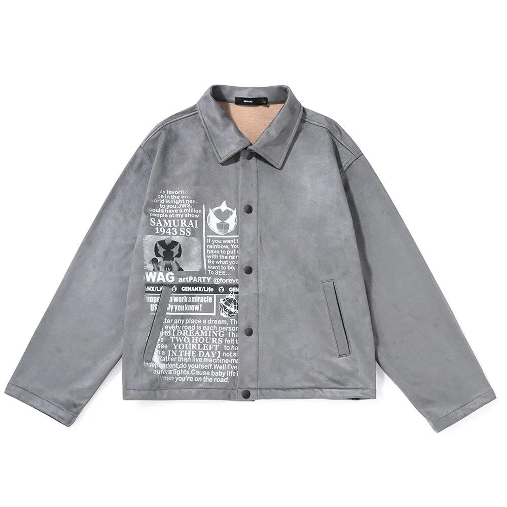Graphic Print Oversized Suede Jacket