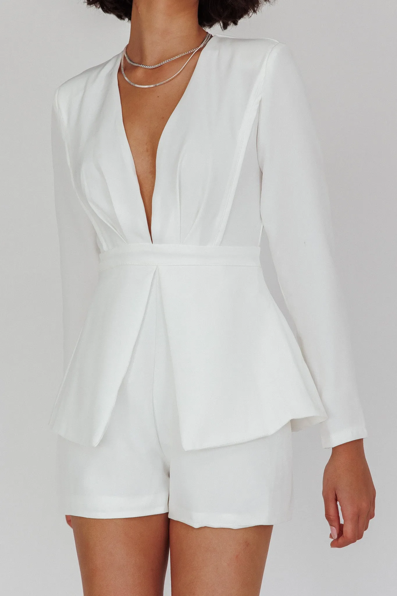 Kamanah Long Sleeve Plunging Neckline Romper White