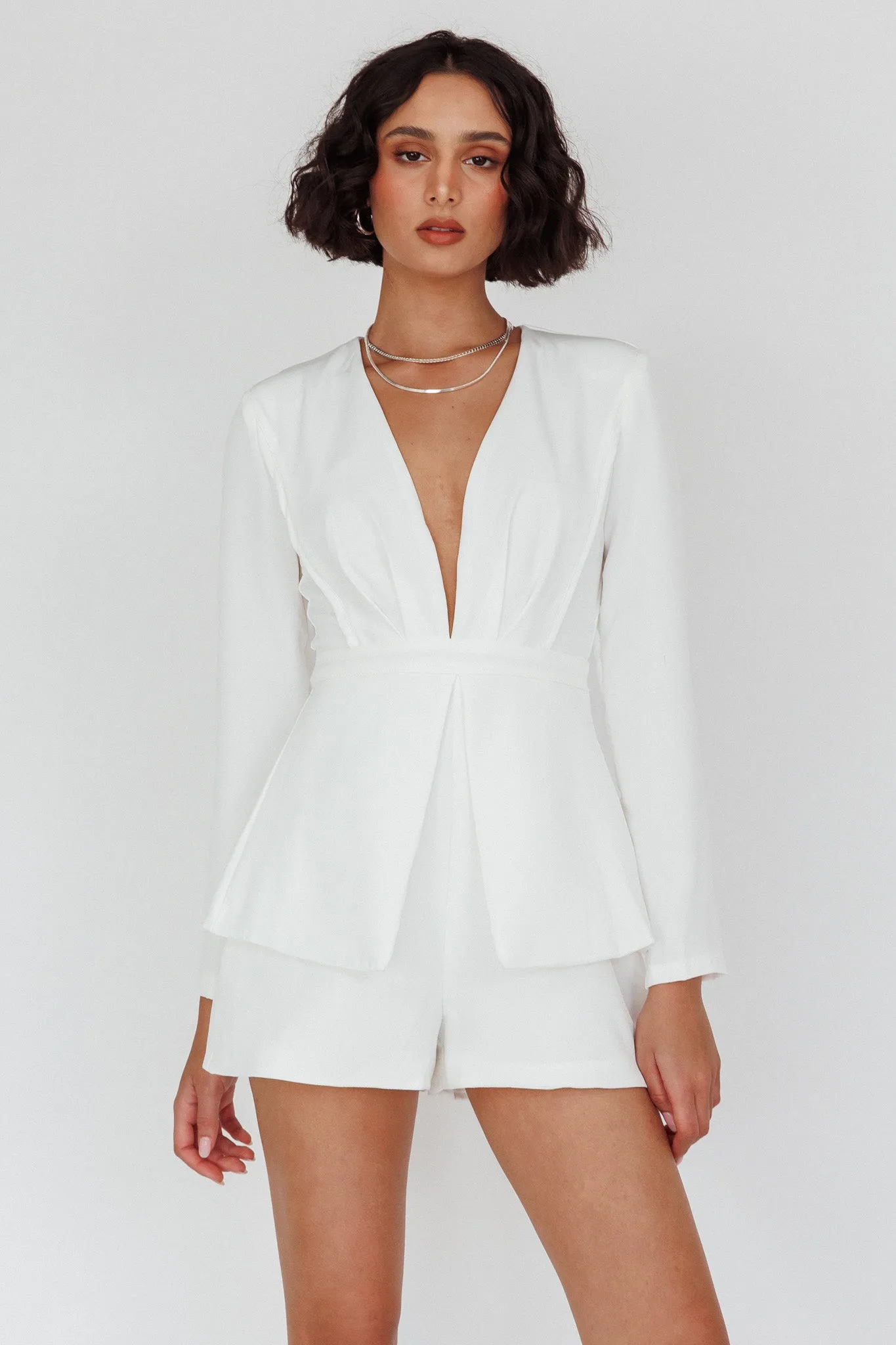 Kamanah Long Sleeve Plunging Neckline Romper White