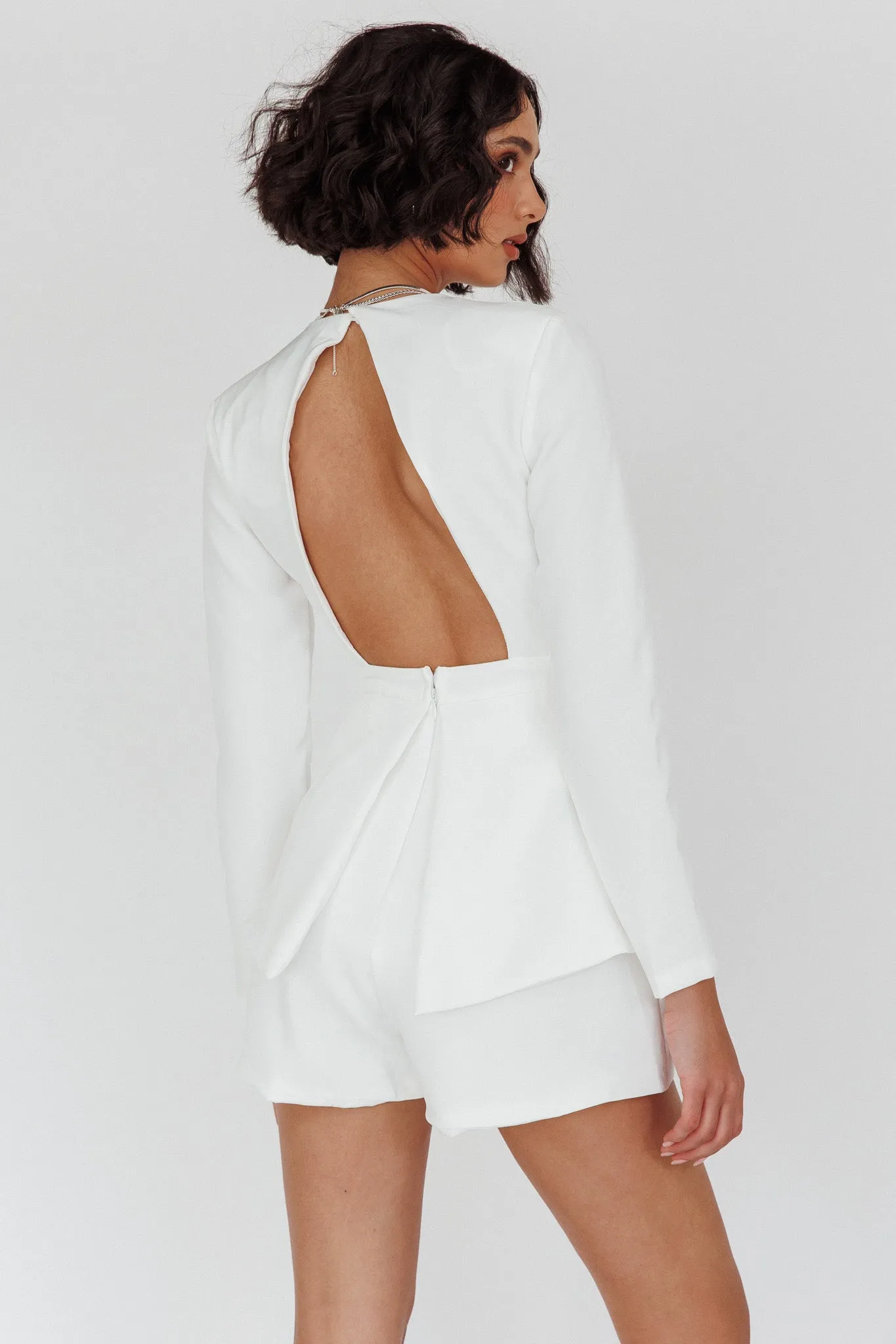 Kamanah Long Sleeve Plunging Neckline Romper White