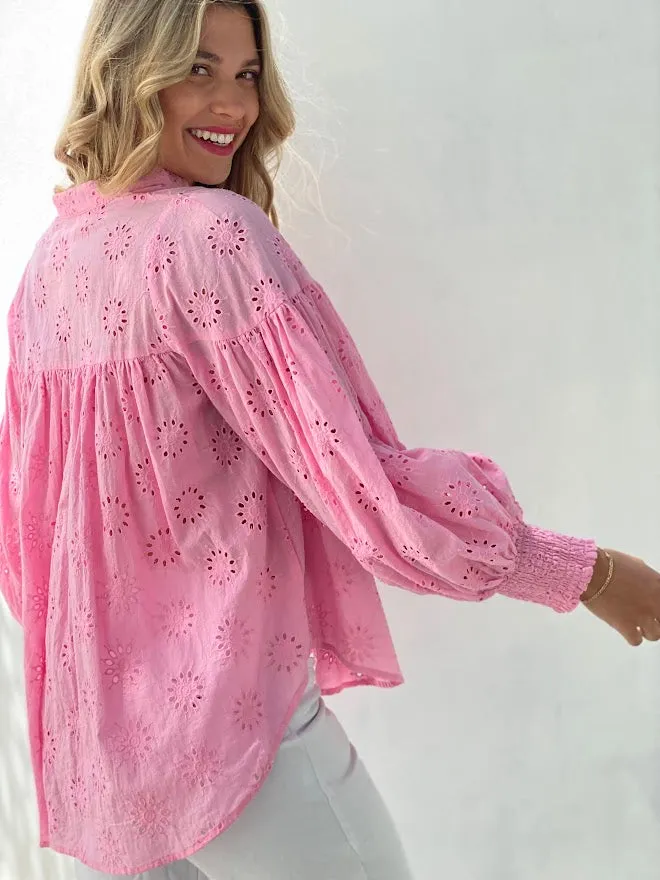 LA1056-1SS Johnny Collar Embroidered Blouse - More Colours Available