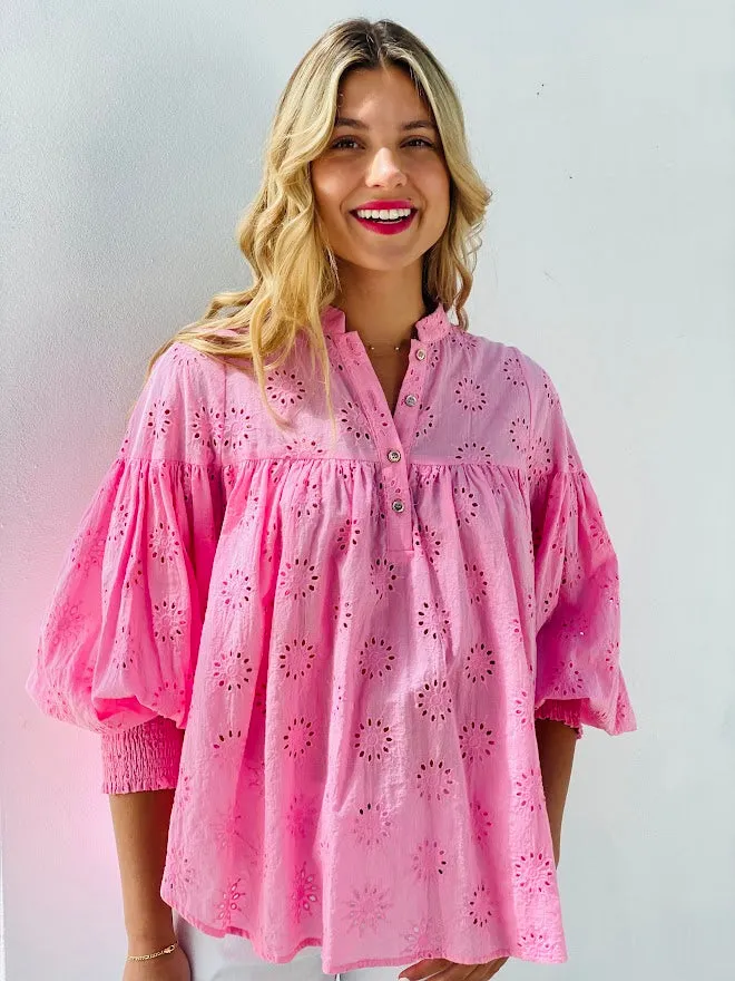 LA1056-1SS Johnny Collar Embroidered Blouse - More Colours Available