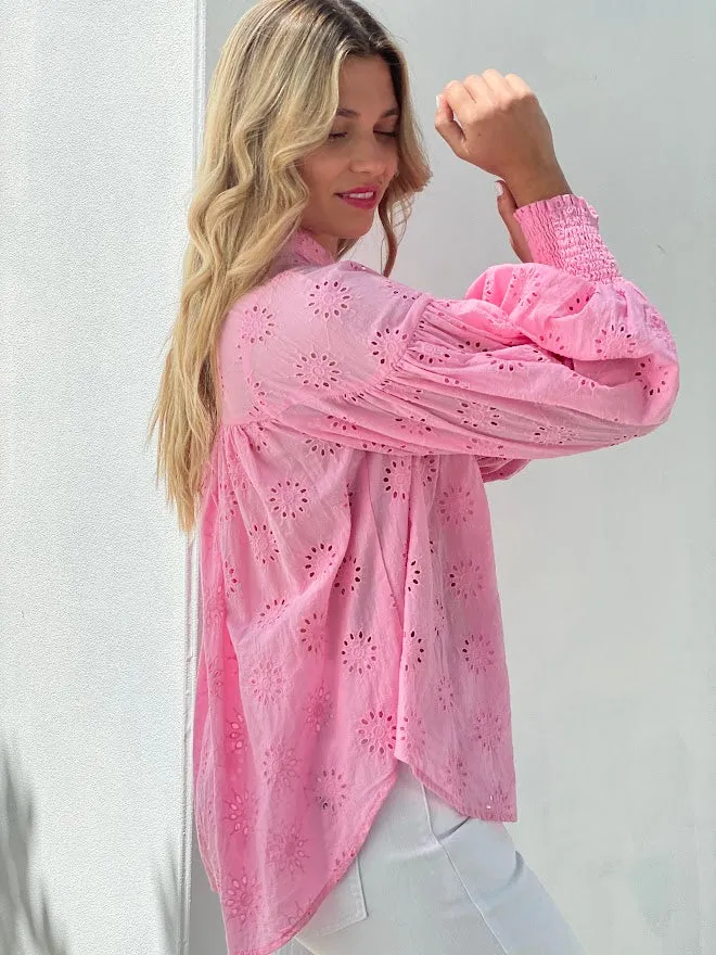 LA1056-1SS Johnny Collar Embroidered Blouse - More Colours Available