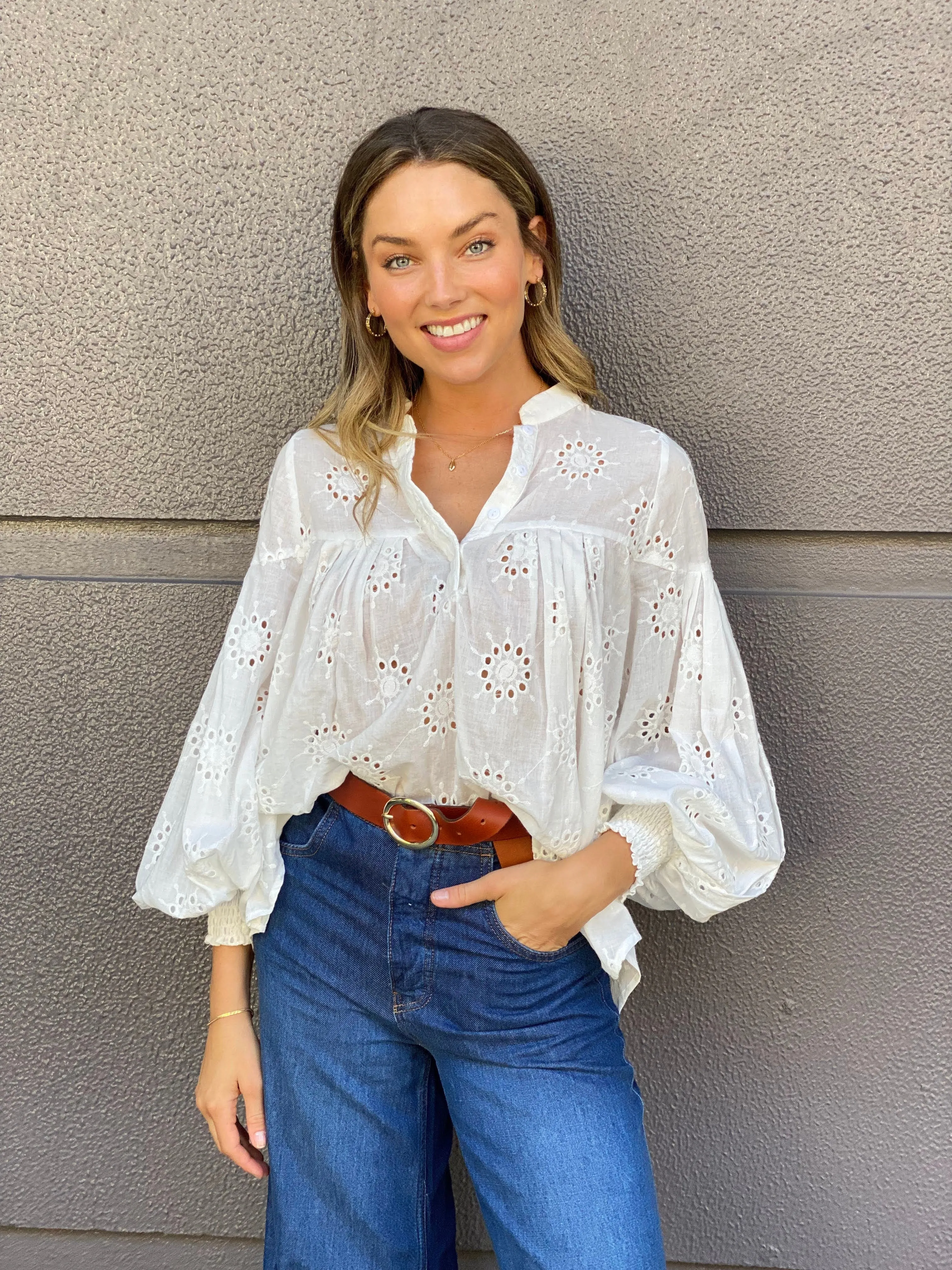 LA1056-1SS Johnny Collar Embroidered Blouse - More Colours Available
