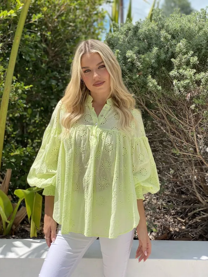 LA1056-1SS Johnny Collar Embroidered Blouse - More Colours Available