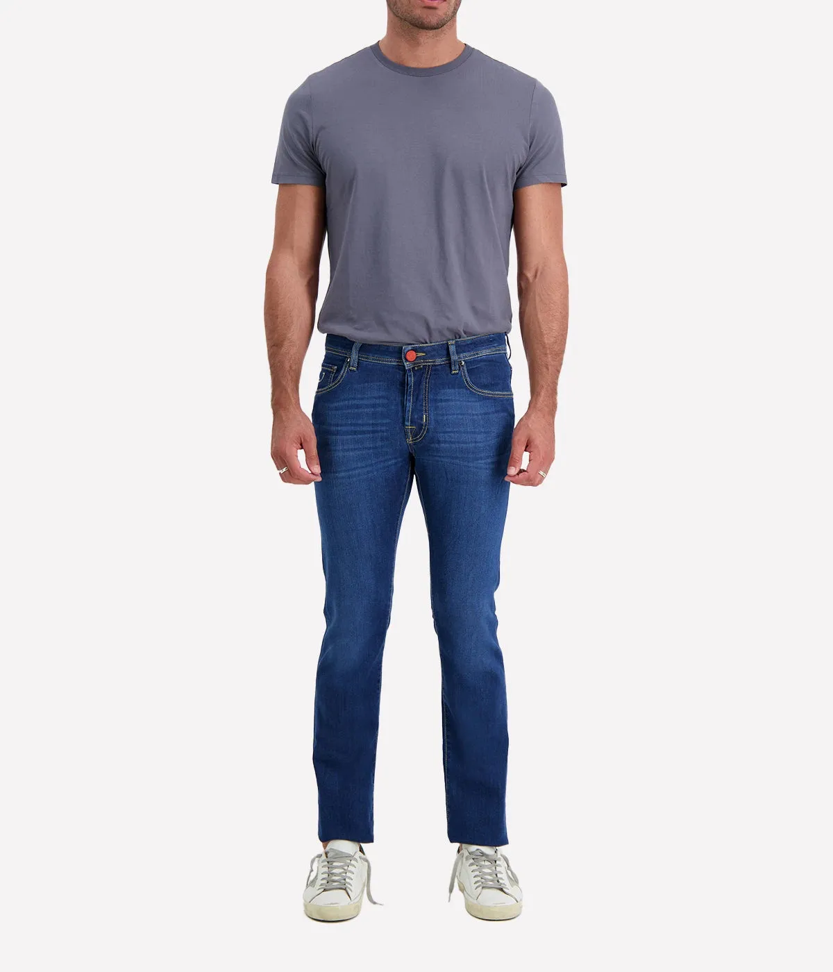 Nick 5 Pocket Slim Fit Jean in Dark Blue Bright Orange