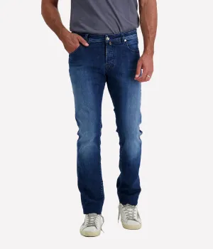 Nick 5 Pocket Slim Fit Jean in Washed Blue on Navy