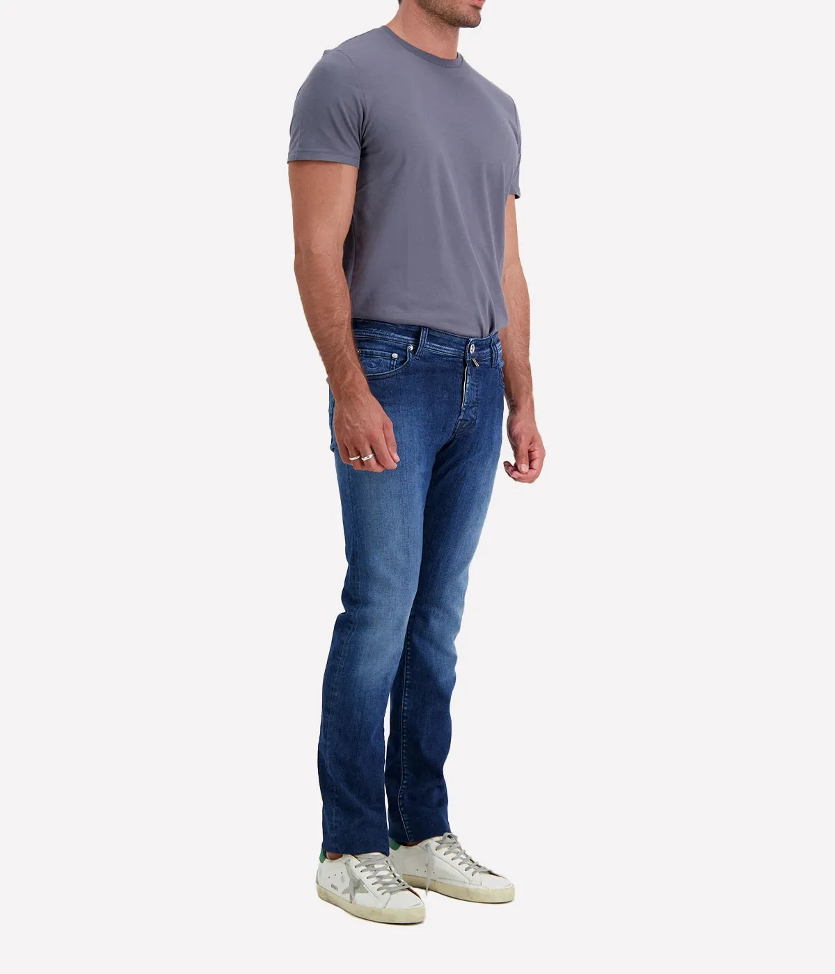 Nick 5 Pocket Slim Fit Jean in Washed Blue on Navy